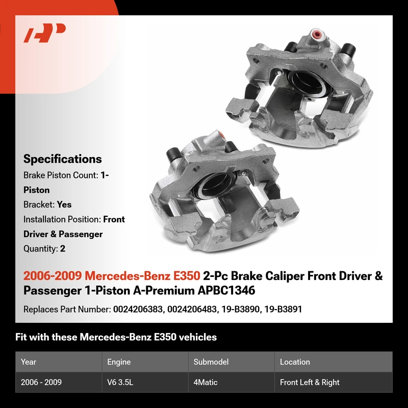 2006-2009 Mercedes-Benz E350 2-Pc Brake Caliper Front Driver & Passenger 1-Piston A-Premium APBC1346