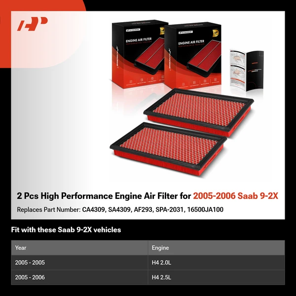 2 Pcs High Performance Engine Air Filter for 2005-2006 Saab 9-2X