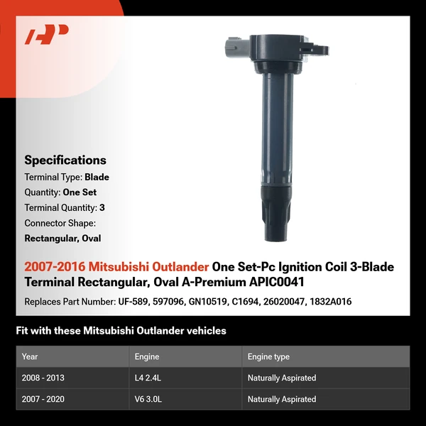 2007-2016 Mitsubishi Outlander One Set-Pc Ignition Coil 3-Blade Terminal Rectangular, Oval A-Premium APIC0041