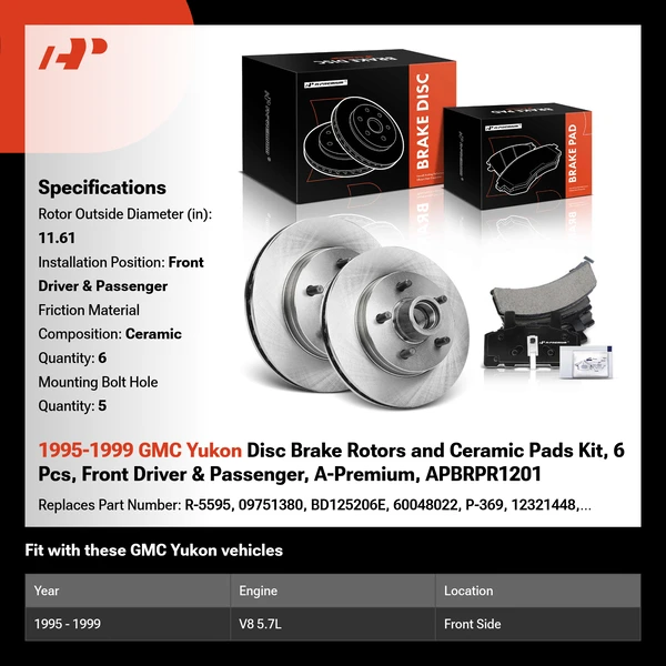 1995-1999 GMC Yukon Disc Brake Rotors and Ceramic Pads Kit, 6 Pcs, Front Driver & Passenger, A-Premium, APBRPR1201