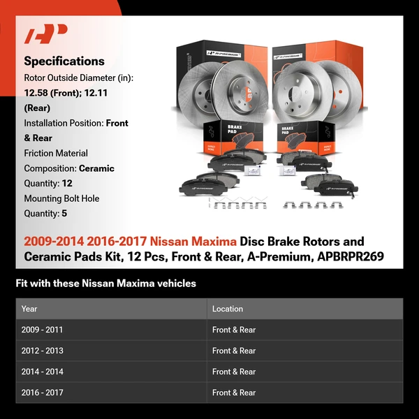 2009-2014 2016-2017 Nissan Maxima Disc Brake Rotors and Ceramic Pads Kit, 12 Pcs, Front & Rear, A-Premium, APBRPR269