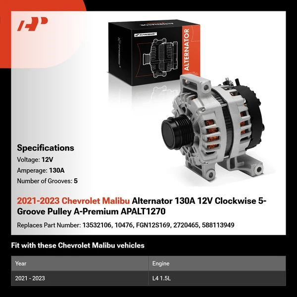 2021-2023 Chevrolet Malibu Alternator 130A 12V Clockwise 5-Groove Pulley A-Premium APALT1270