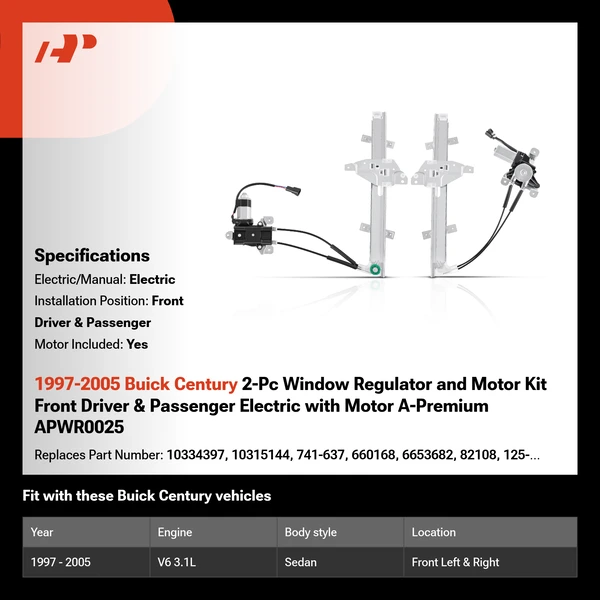 1997-2005 Buick Century 2-Pc Window Regulator and Motor Kit Front Driver & Passenger Electric with Motor A-Premium APWR0025