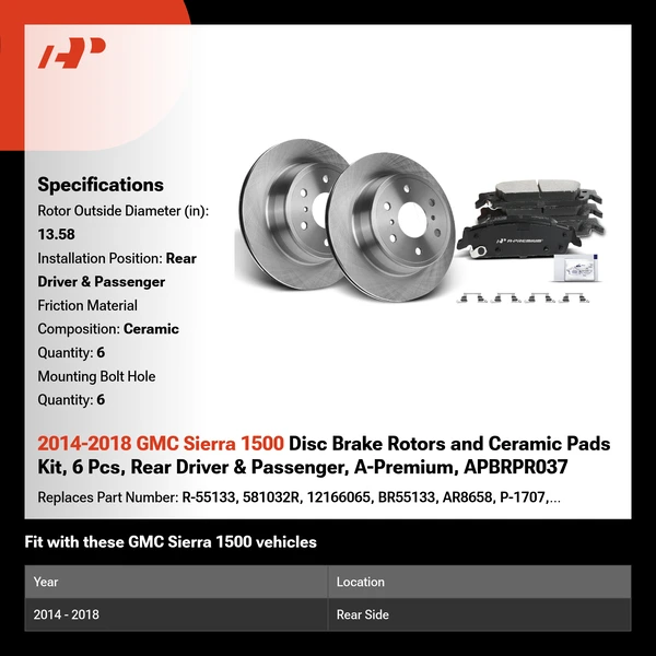2014-2018 GMC Sierra 1500 Disc Brake Rotors and Ceramic Pads Kit, 6 Pcs, Rear Driver & Passenger, A-Premium, APBRPR037
