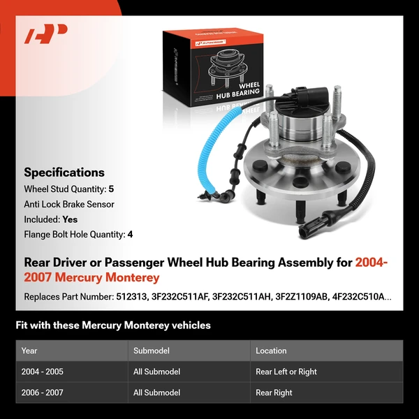 Rear Driver or Passenger Wheel Hub Bearing Assembly for 2004-2007 Mercury Monterey