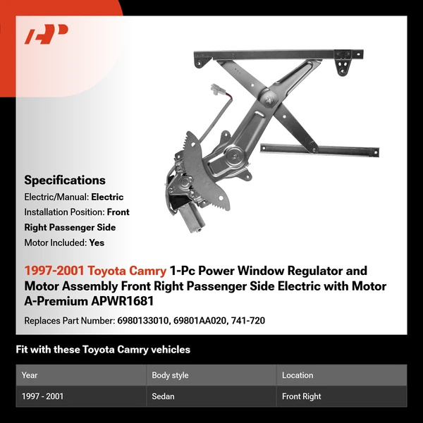 1997-2001 Toyota Camry 1-Pc Power Window Regulator and Motor Assembly Front Right Passenger Side Electric with Motor A-Premium APWR1681