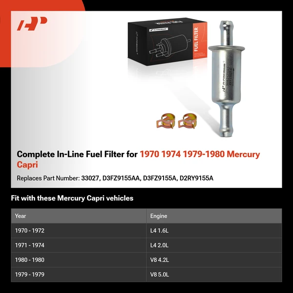 Complete In-Line Fuel Filter for 1970 1974 1979-1980 Mercury Capri