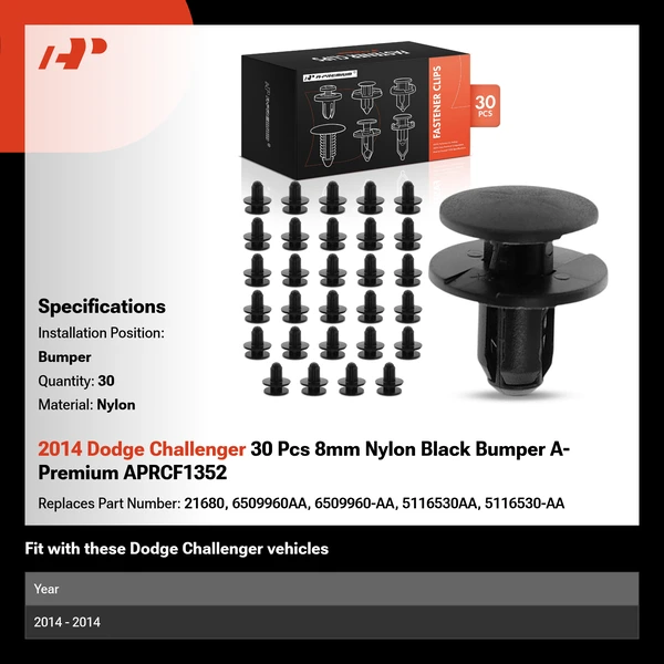 2014 Dodge Challenger 30 Pcs 8mm Nylon Black Bumper A-Premium APRCF1352