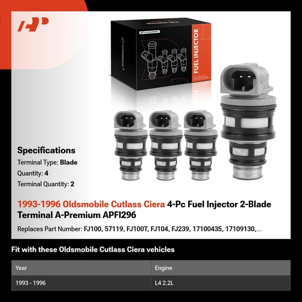 1993-1996 Oldsmobile Cutlass Ciera 4-Pc Fuel Injector 2-Blade Terminal A-Premium APFI296