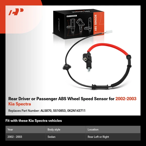 Rear Driver or Passenger ABS Wheel Speed Sensor for 2002-2003 Kia Spectra