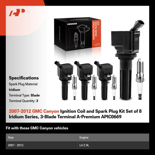 2007-2012 GMC Canyon Ignition Coil and Spark Plug Kit Set of 8 Iridium Series, 3-Blade Terminal A-Premium APIC0669