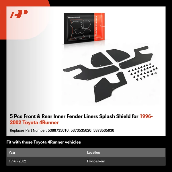 5 Pcs Front & Rear Inner Fender Liners Splash Shield for 1996-2002 Toyota 4Runner