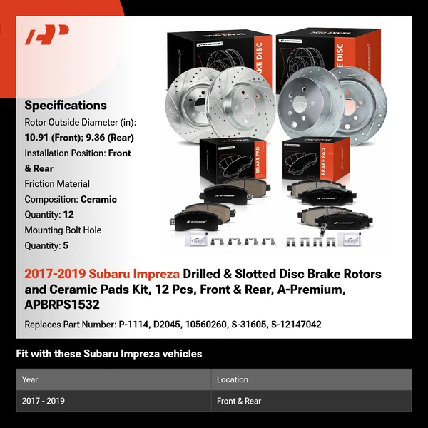 2017-2019 Subaru Impreza Drilled & Slotted Disc Brake Rotors and Ceramic Pads Kit, 12 Pcs, Front & Rear, A-Premium, APBRPS1532