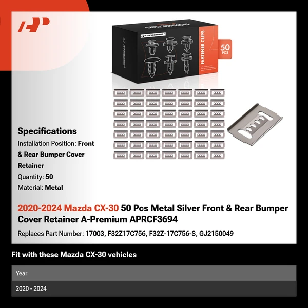 2020-2024 Mazda CX-30 50 Pcs Metal Silver Front & Rear Bumper Cover Retainer A-Premium APRCF3694