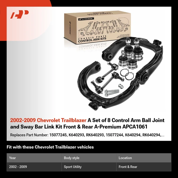 2002-2009 Chevrolet Trailblazer A Set of 8 Control Arm Ball Joint and Sway Bar Link Kit Front & Rear A-Premium APCA1061