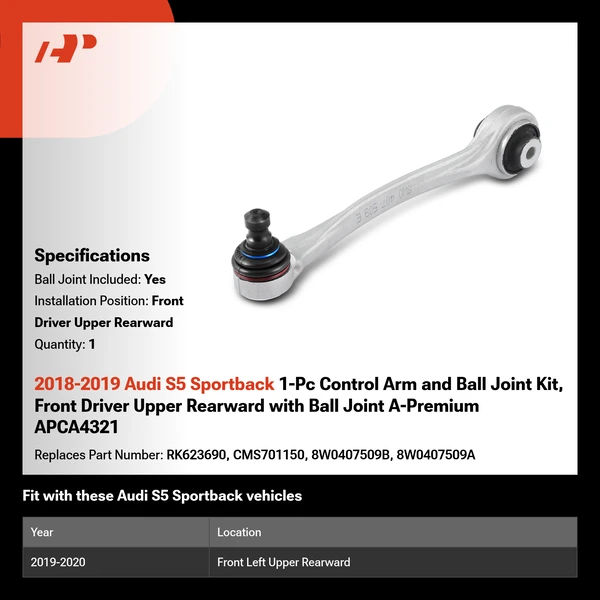 2018-2019 Audi S5 Sportback 1-Pc Control Arm and Ball Joint Kit, Front Driver Upper Rearward with Ball Joint A-Premium APCA4321