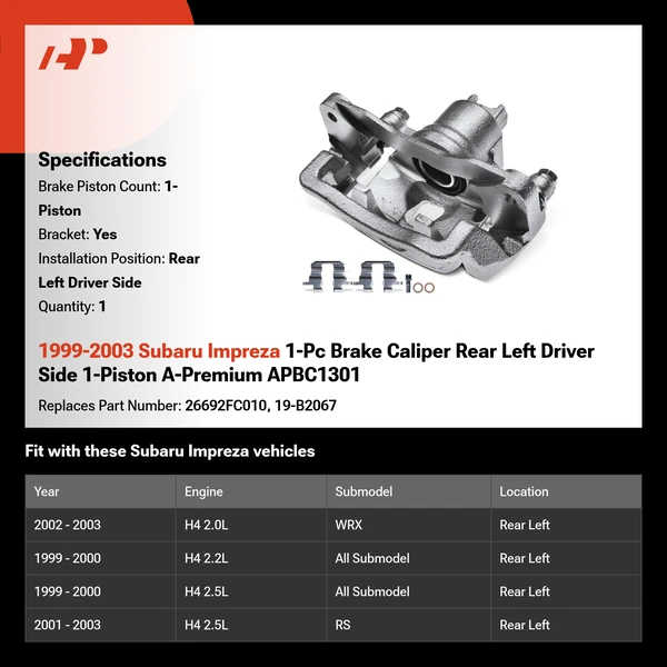 1999-2003 Subaru Impreza 1-Pc Brake Caliper Rear Left Driver Side 1-Piston A-Premium APBC1301