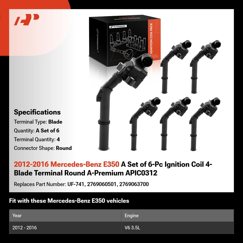 2012-2016 Mercedes-Benz E350 A Set of 6-Pc Ignition Coil 4-Blade Terminal Round A-Premium APIC0312