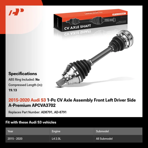 2015-2020 Audi S3 1-Pc CV Axle Assembly Front Left Driver Side A-Premium APCVA3702