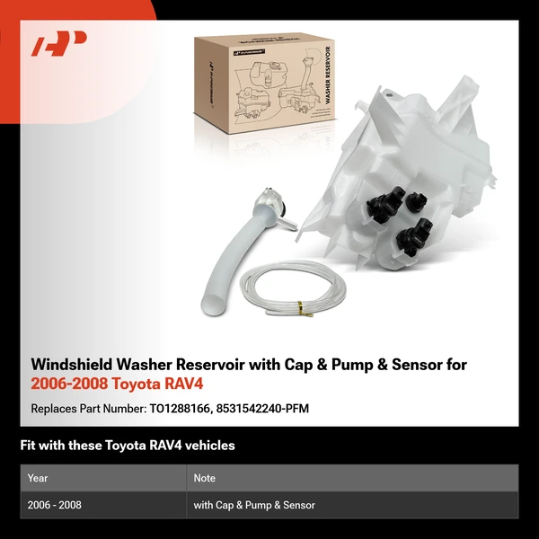 Windshield Washer Reservoir with Cap & Pump & Sensor for 2006-2008 Toyota RAV4