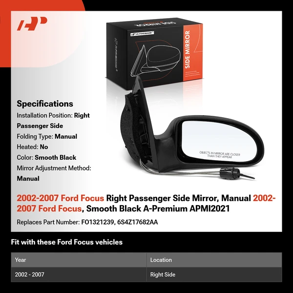 2002-2007 Ford Focus Right Passenger Side Mirror, Manual 2002-2007 Ford Focus, Smooth Black A-Premium APMI2021