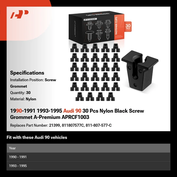 1990-1991 1993-1995 Audi 90 30 Pcs Nylon Black Screw Grommet A-Premium APRCF1003