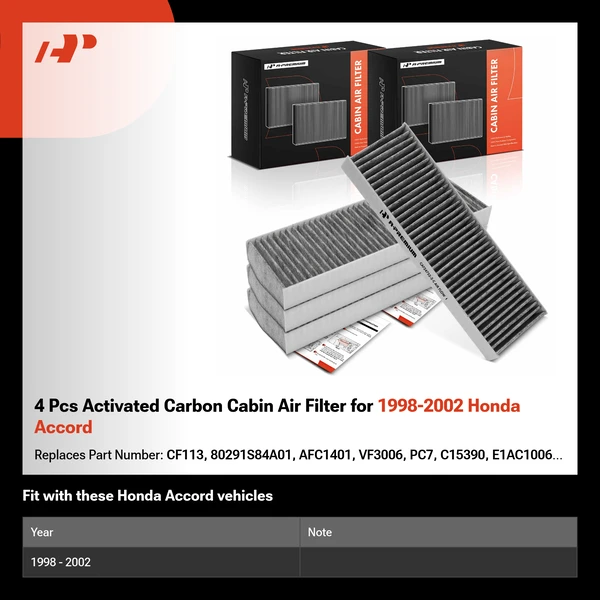 4 Pcs Activated Carbon Cabin Air Filter for 1998-2002 Honda Accord