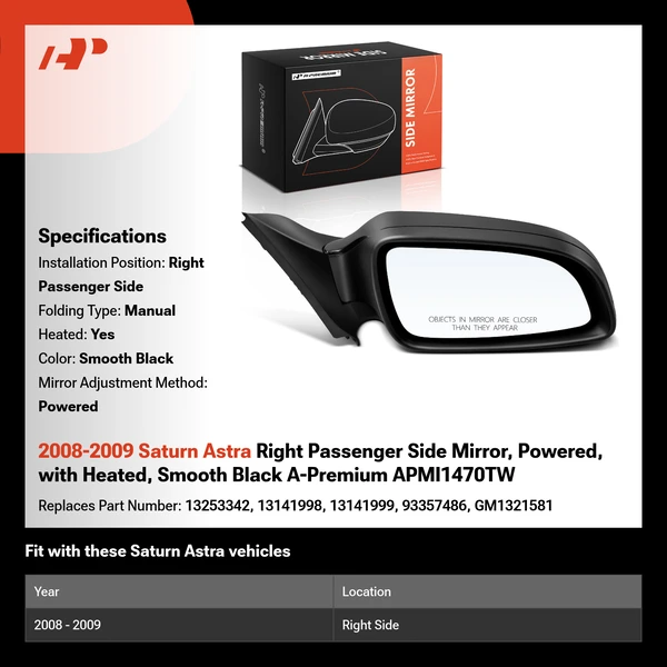 2008-2009 Saturn Astra Right Passenger Side Mirror, Powered, with Heated, Smooth Black A-Premium APMI1470TW