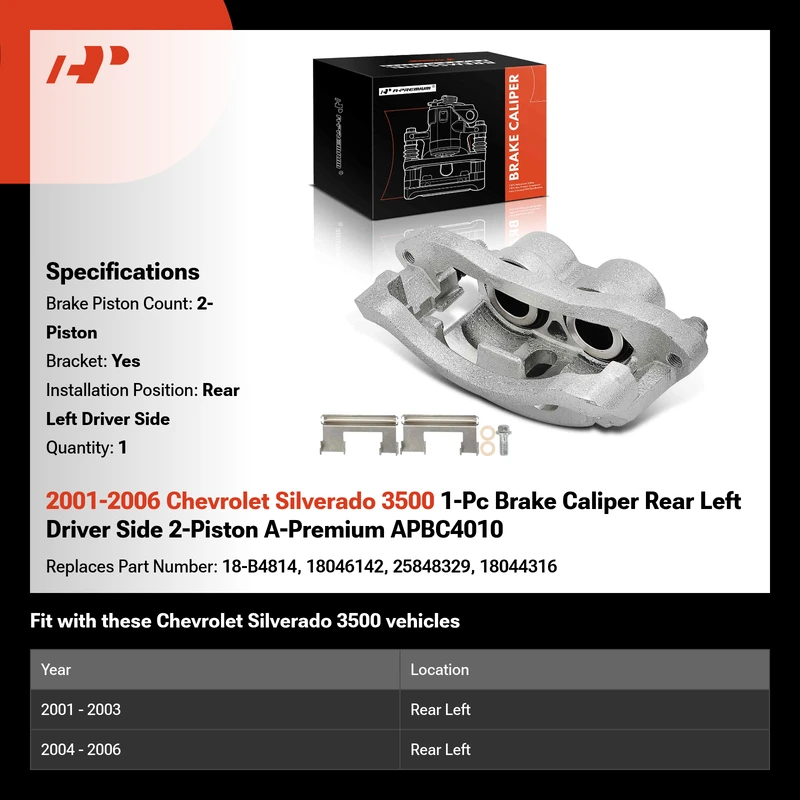 2001-2006 Chevrolet Silverado 3500 1-Pc Brake Caliper Rear Left Driver Side 2-Piston A-Premium APBC4010