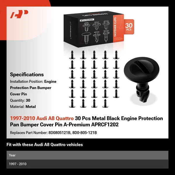1997-2010 Audi A8 Quattro 30 Pcs Metal Black Engine Protection Pan Bumper Cover Pin A-Premium APRCF1202