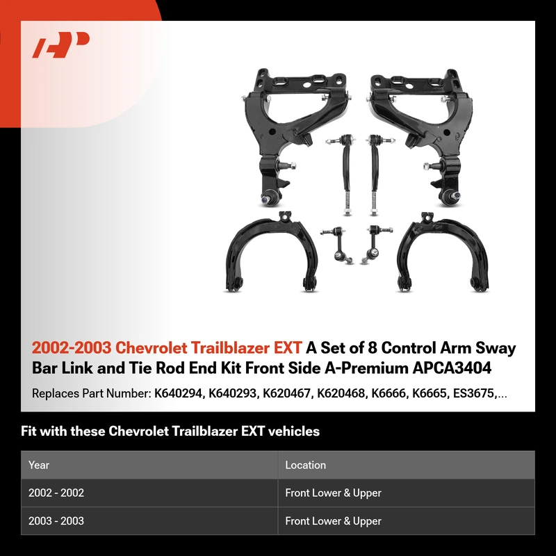 2002-2003 Chevrolet Trailblazer EXT A Set of 8 Control Arm Sway Bar Link and Tie Rod End Kit Front Side A-Premium APCA3404