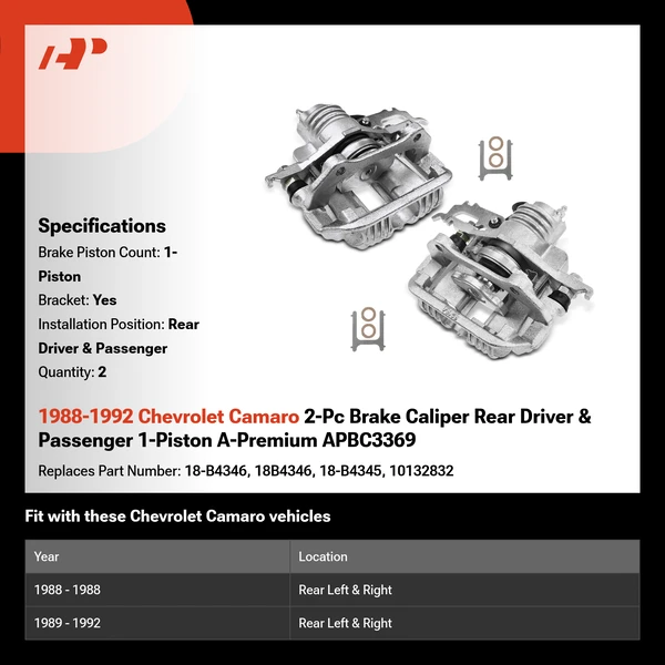 1988-1992 Chevrolet Camaro 2-Pc Brake Caliper Rear Driver & Passenger 1-Piston A-Premium APBC3369
