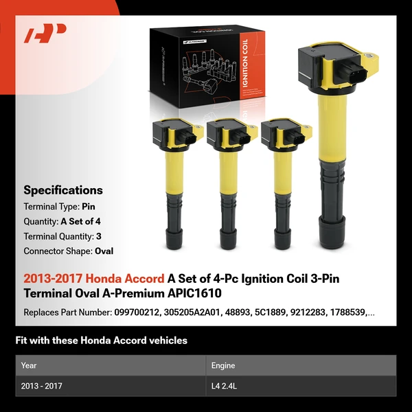 2013-2017 Honda Accord A Set of 4-Pc Ignition Coil 3-Pin Terminal Oval A-Premium APIC1610