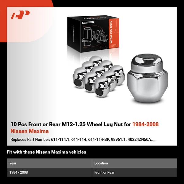 10 Pcs Front or Rear M12-1.25 Wheel Lug Nut for 1984-2008 Nissan Maxima
