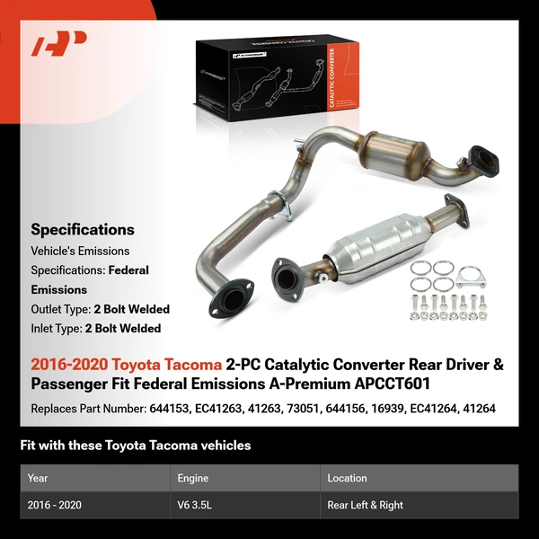 2016-2020 Toyota Tacoma 2-PC Catalytic Converter Rear Driver & Passenger Fit Federal Emissions A-Premium APCCT601