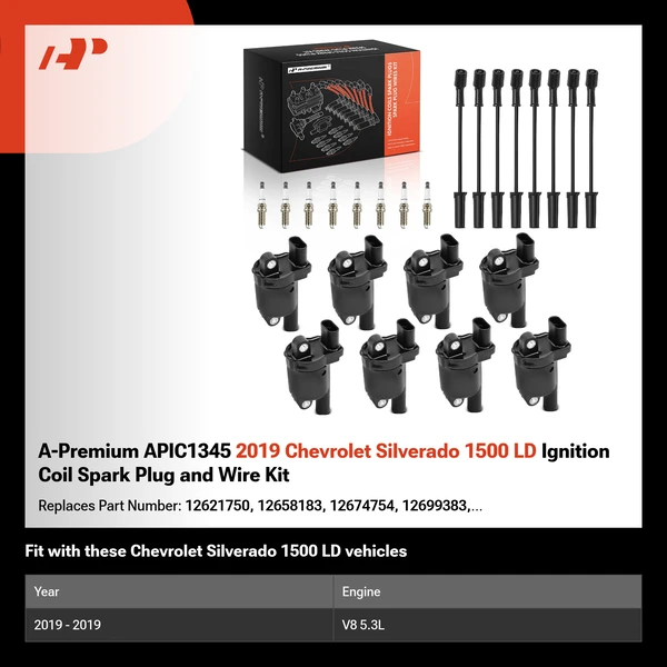 A-Premium APIC1345 2019 Chevrolet Silverado 1500 LD Ignition Coil Spark Plug and Wire Kit