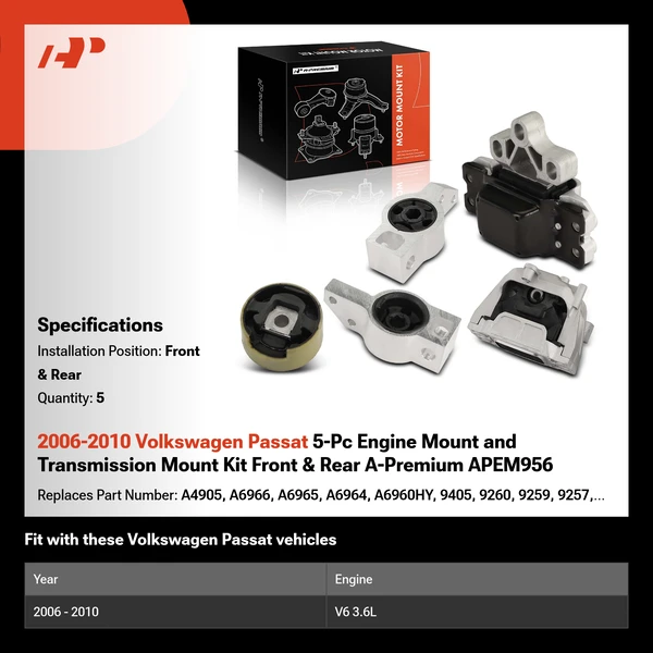 2006-2010 Volkswagen Passat 5-Pc Engine Mount and Transmission Mount Kit Front & Rear A-Premium APEM956