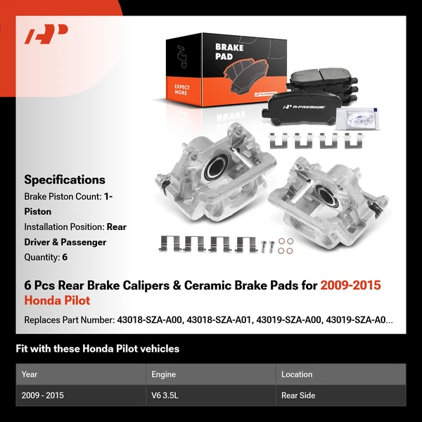6 Pcs Rear Brake Calipers & Ceramic Brake Pads for 2009-2015 Honda Pilot