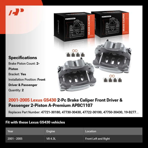 2001-2005 Lexus GS430 2-Pc Brake Caliper Front Driver & Passenger 2-Piston A-Premium APBC1107