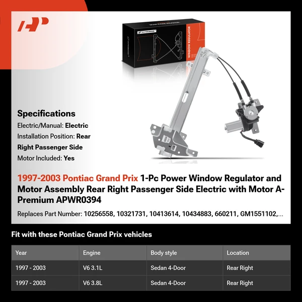 1997-2003 Pontiac Grand Prix 1-Pc Power Window Regulator and Motor Assembly Rear Right Passenger Side Electric with Motor A-Premium APWR0394