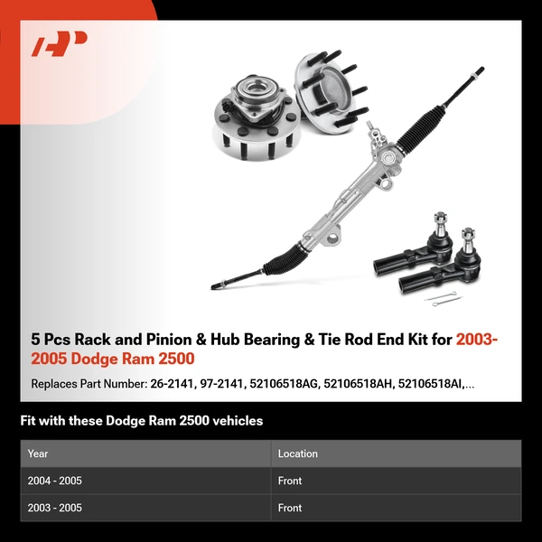 5 Pcs Rack and Pinion & Hub Bearing & Tie Rod End Kit for 2003-2005 Dodge Ram 2500