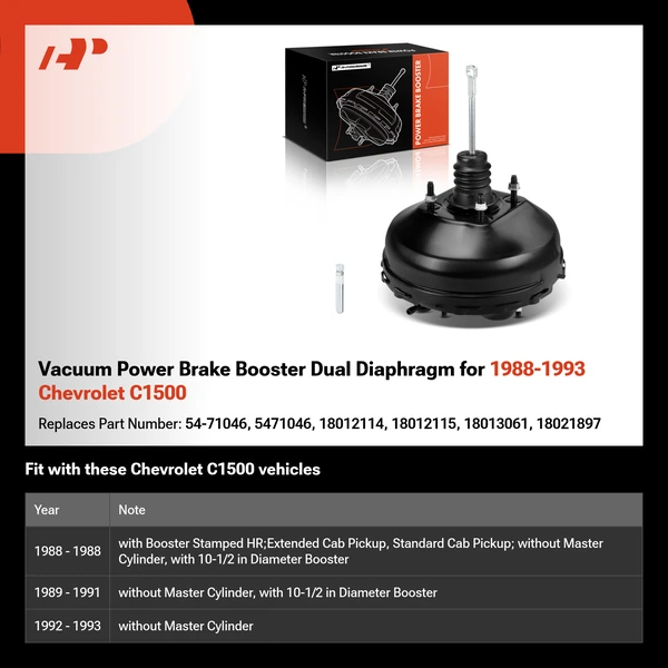 Vacuum Power Brake Booster Dual Diaphragm for 1988-1993 Chevrolet C1500