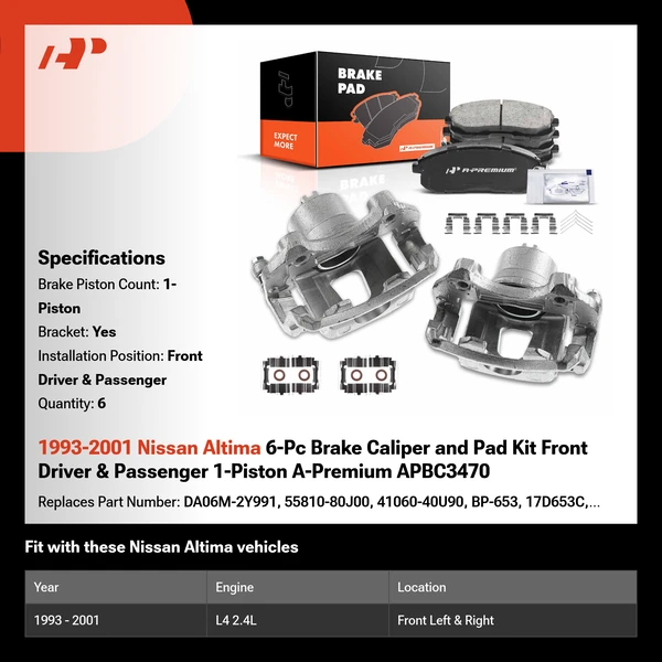 1993-2001 Nissan Altima 6-Pc Brake Caliper and Pad Kit Front Driver & Passenger 1-Piston A-Premium APBC3470