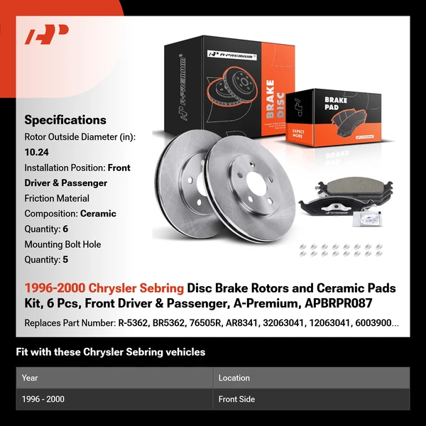 1996-2000 Chrysler Sebring Disc Brake Rotors and Ceramic Pads Kit, 6 Pcs, Front Driver & Passenger, A-Premium, APBRPR087