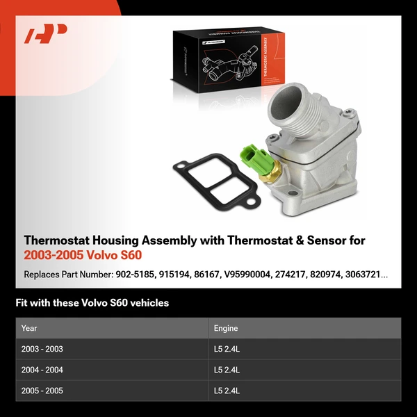 Thermostat Housing Assembly with Thermostat & Sensor for 2003-2005 Volvo S60