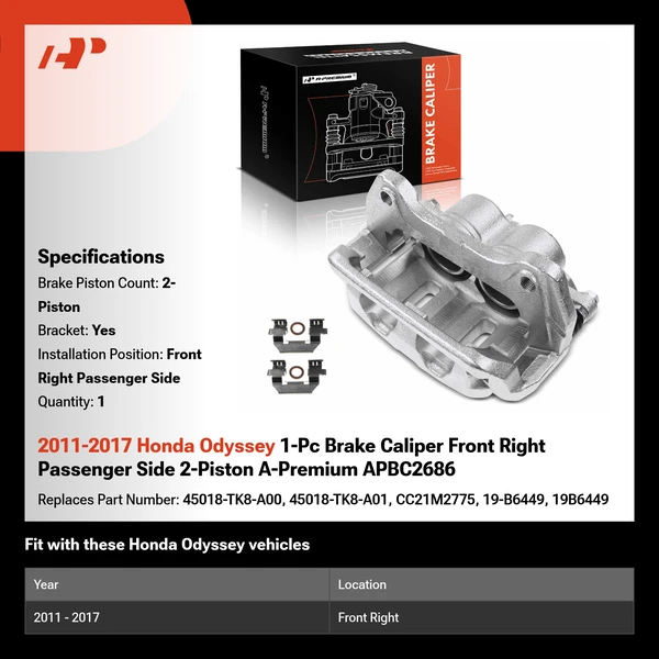 2011-2017 Honda Odyssey 1-Pc Brake Caliper Front Right Passenger Side 2-Piston A-Premium APBC2686