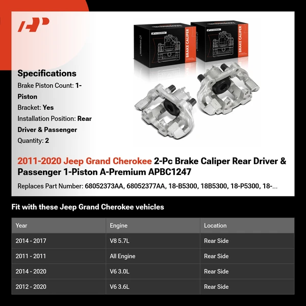 2011-2020 Jeep Grand Cherokee 2-Pc Brake Caliper Rear Driver & Passenger 1-Piston A-Premium APBC1247