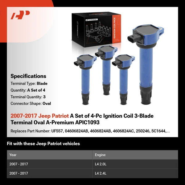 2007-2017 Jeep Patriot A Set of 4-Pc Ignition Coil 3-Blade Terminal Oval A-Premium APIC1093