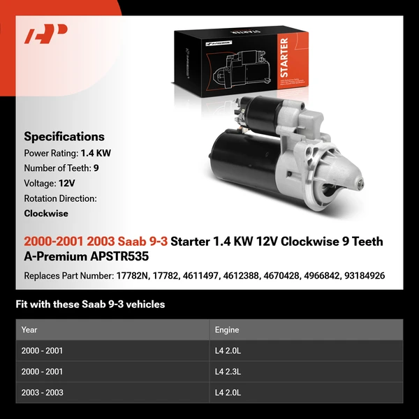 2000-2001 2003 Saab 9-3 Starter 1.4 KW 12V Clockwise 9 Teeth A-Premium APSTR535
