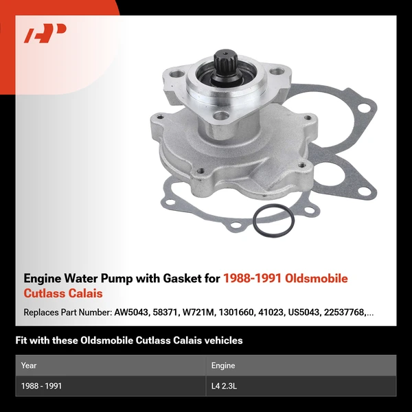 Engine Water Pump with Gasket for 1988-1991 Oldsmobile Cutlass Calais